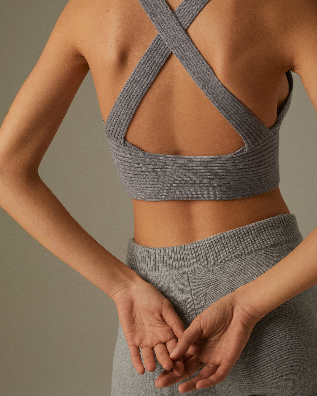 Womens cashmere knit cross back bralette in grey