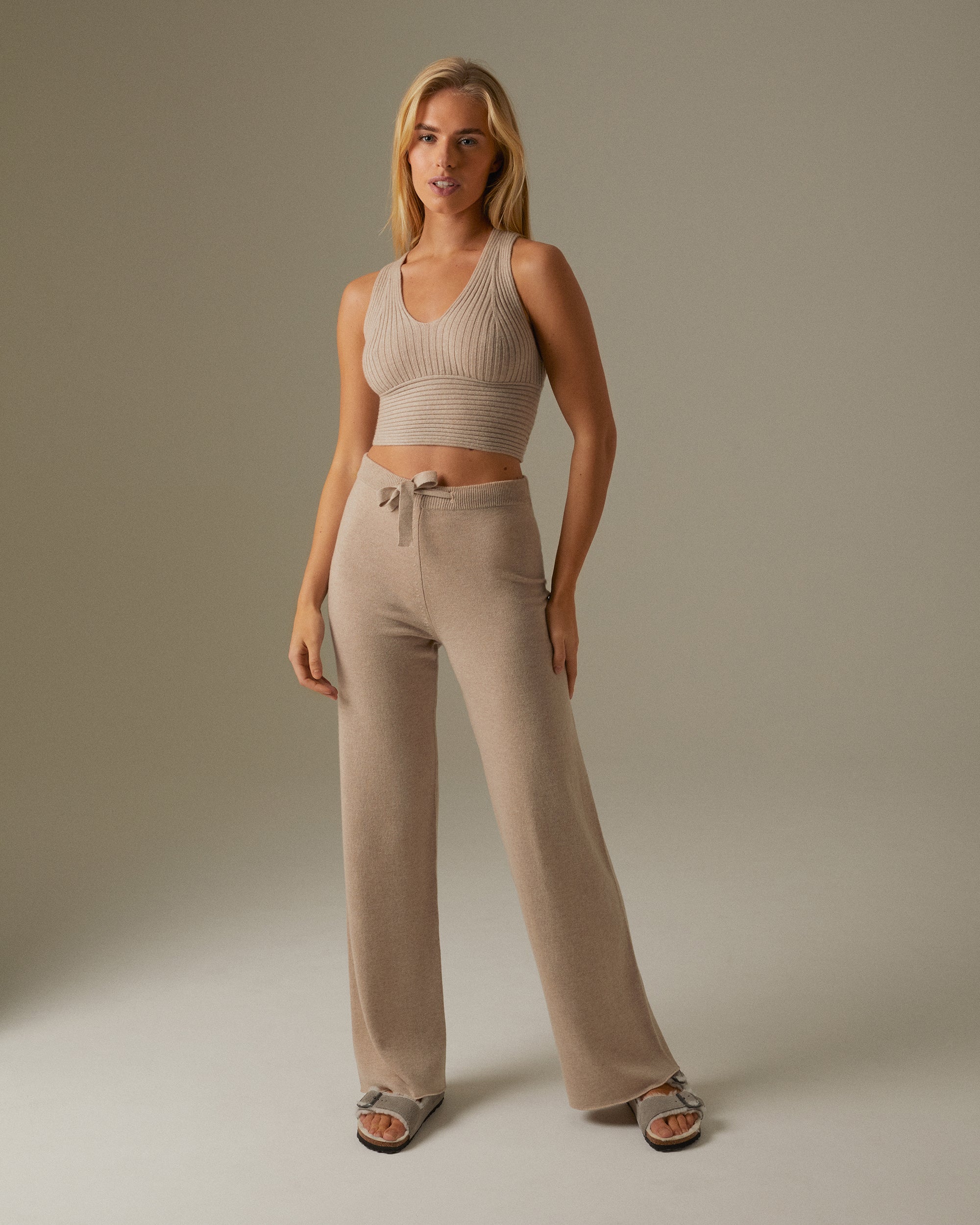 Sand cashmere wide leg trouser pants FULL