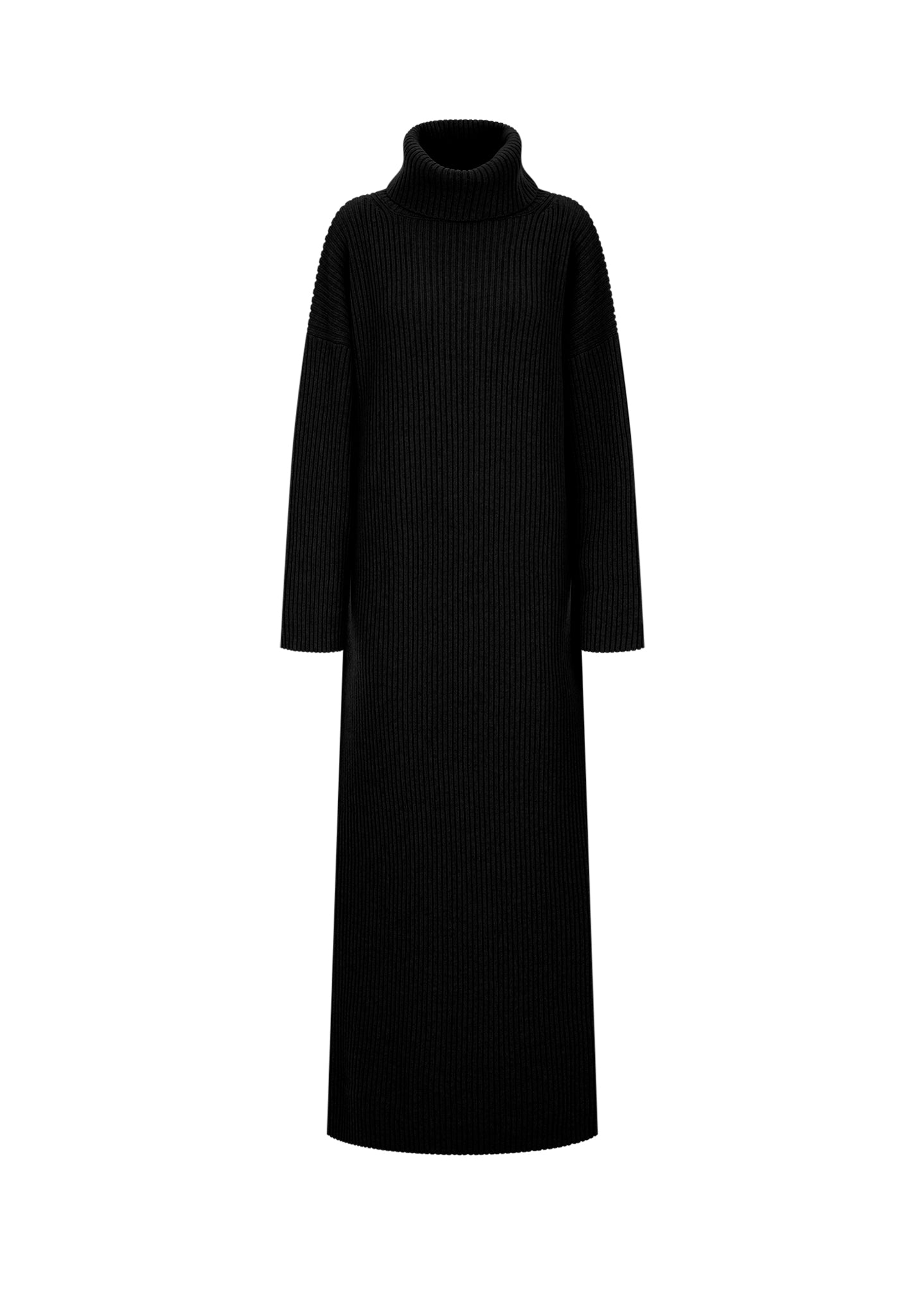 Black long cashmere wool roll neck dress
