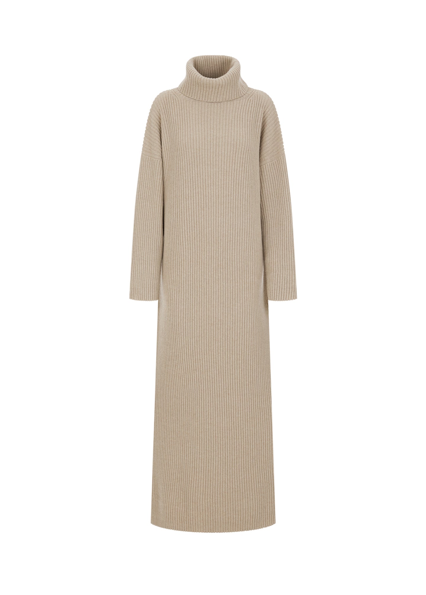 Long cashmere wool roll neck winter dress Sand