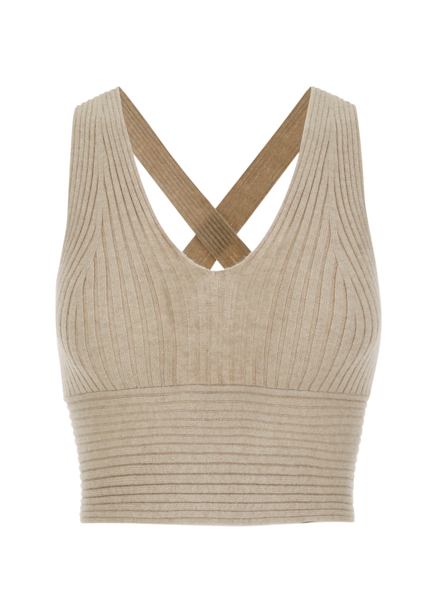 Cashmere knit cropped top bralette crossed back in sand