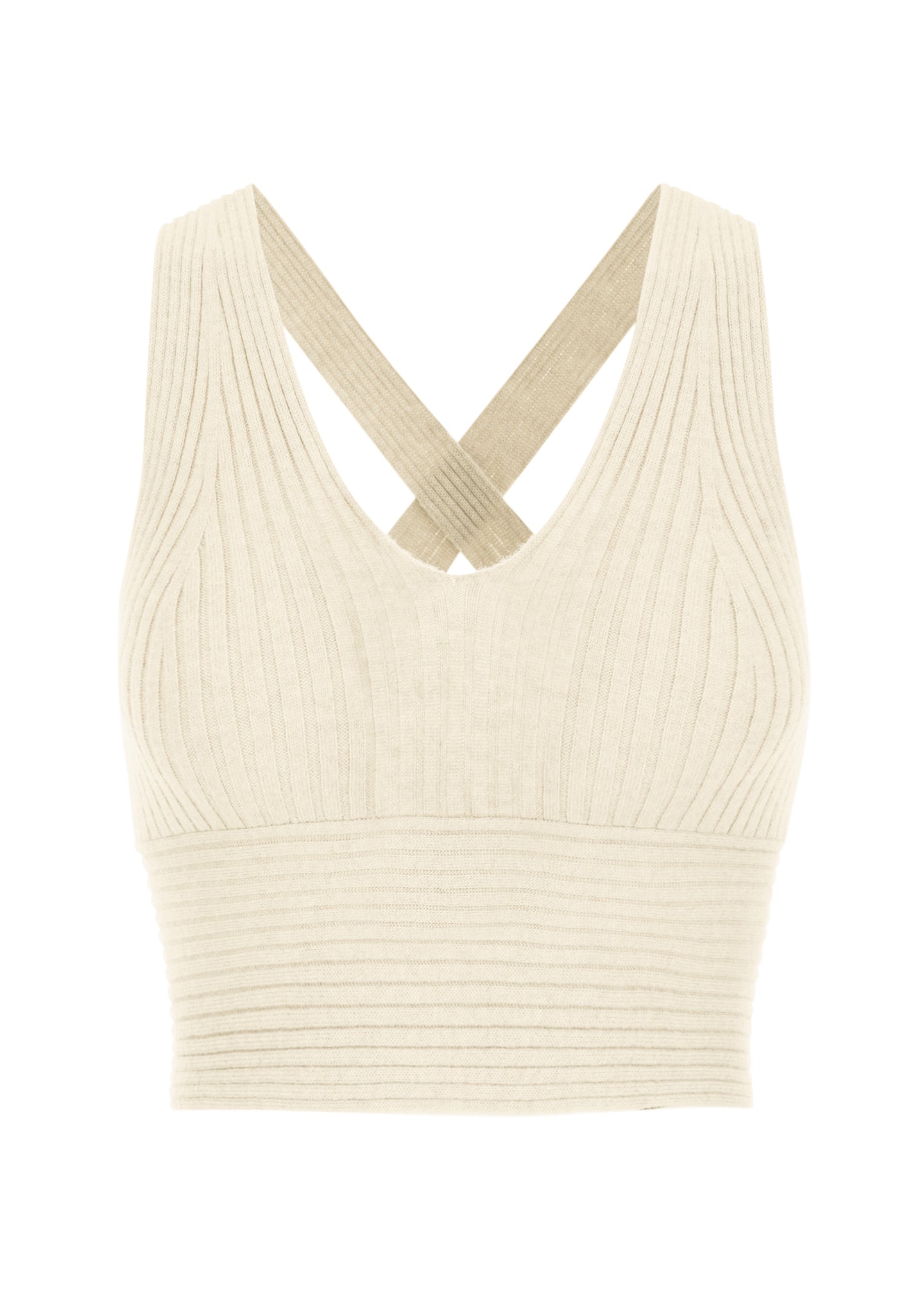 Cashmere knit cropped top bralette crossed back in cream
