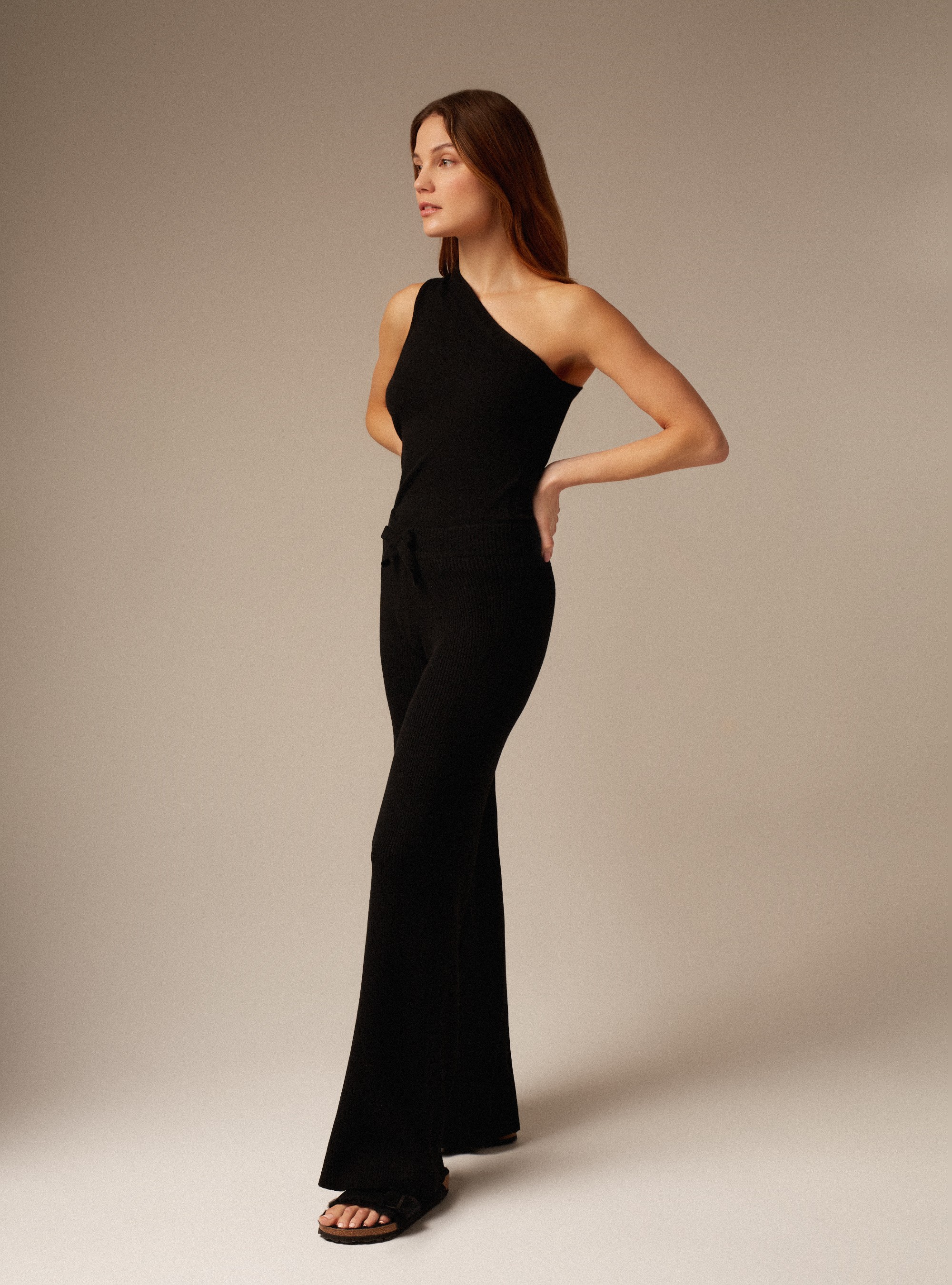 Black ribbed cashmere wide leg trouser pants FULL