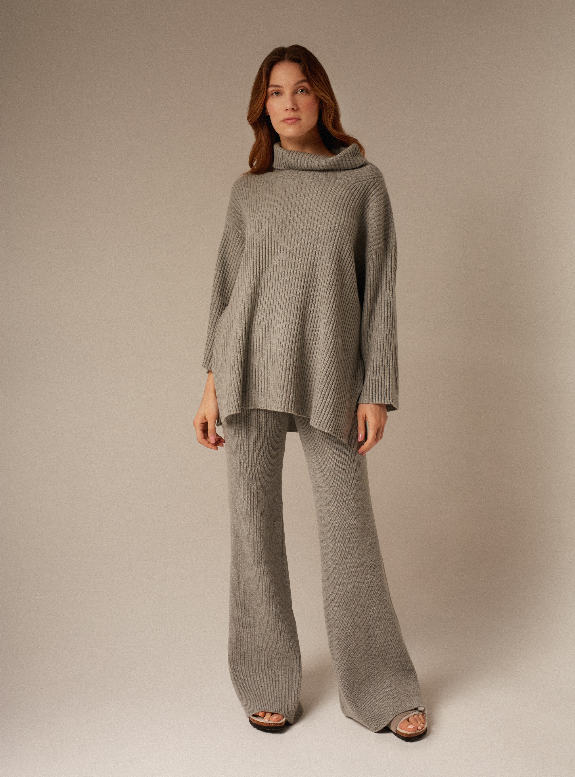 Women's oversized turtleneck side slit Sweater Grey