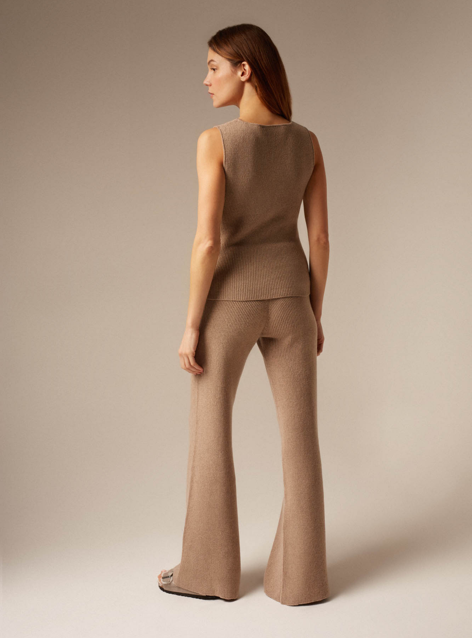 Ribbed cashmere wide leg trousers womens Sand Back
