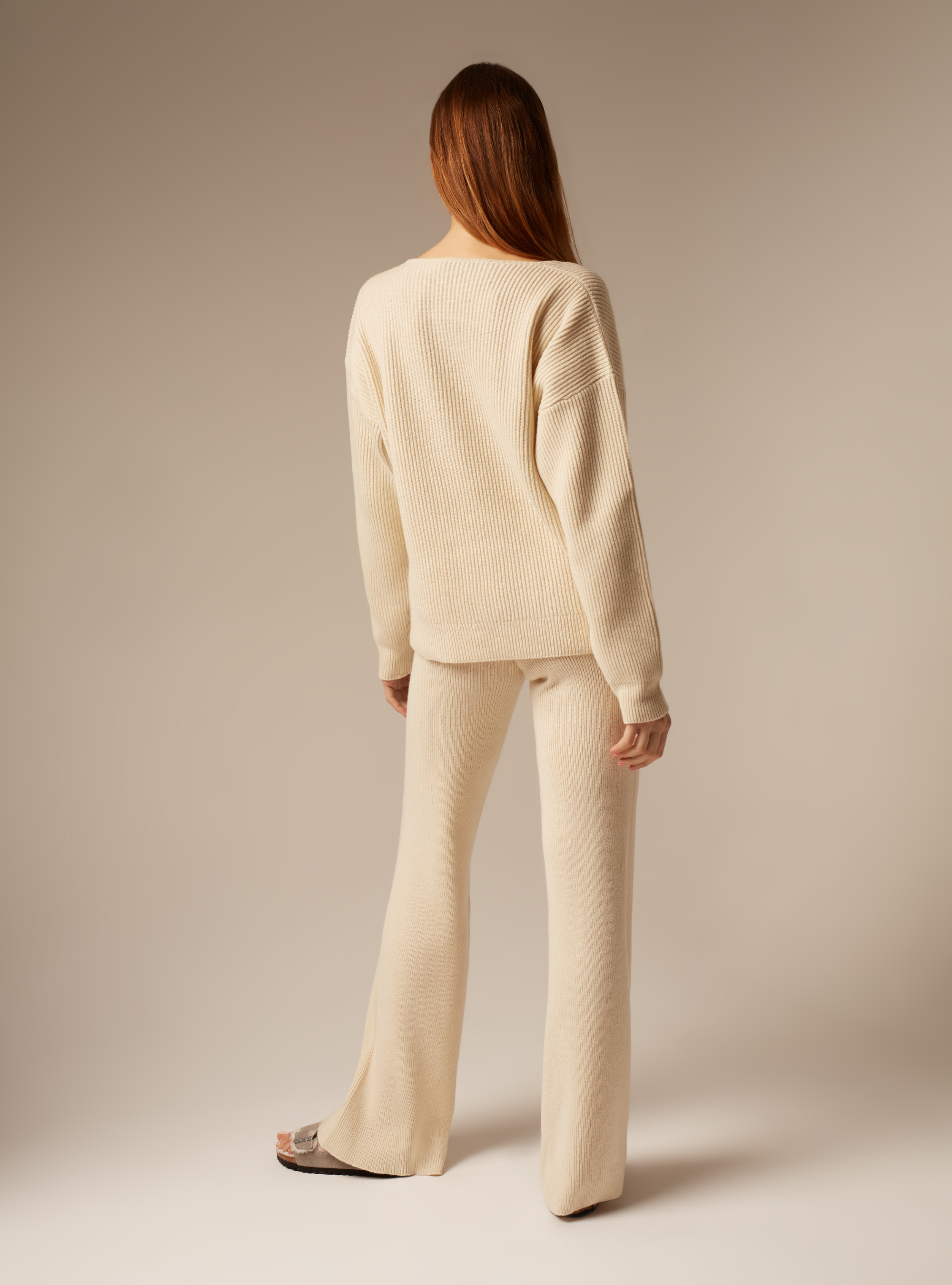 Cream ribbed cashmere wide leg trousers women's Back
