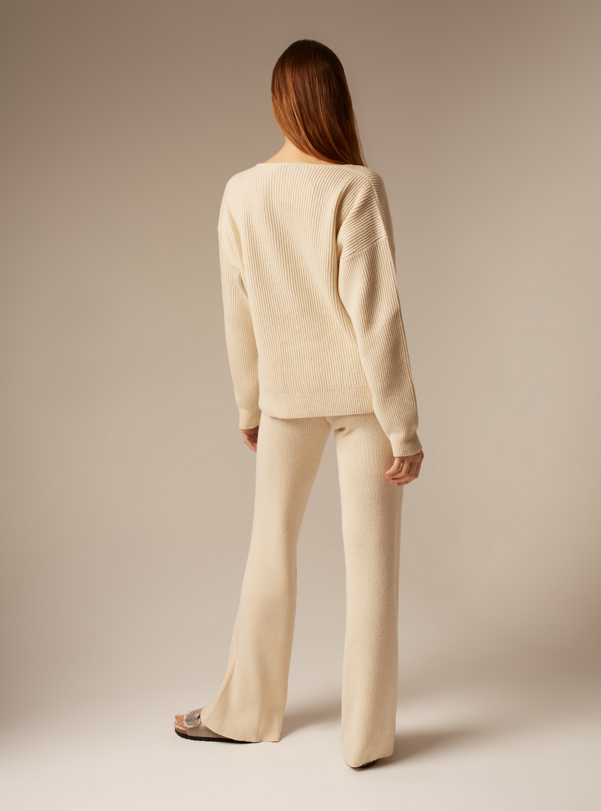 Cream ribbed cashmere wide leg trousers women&#39;s Back