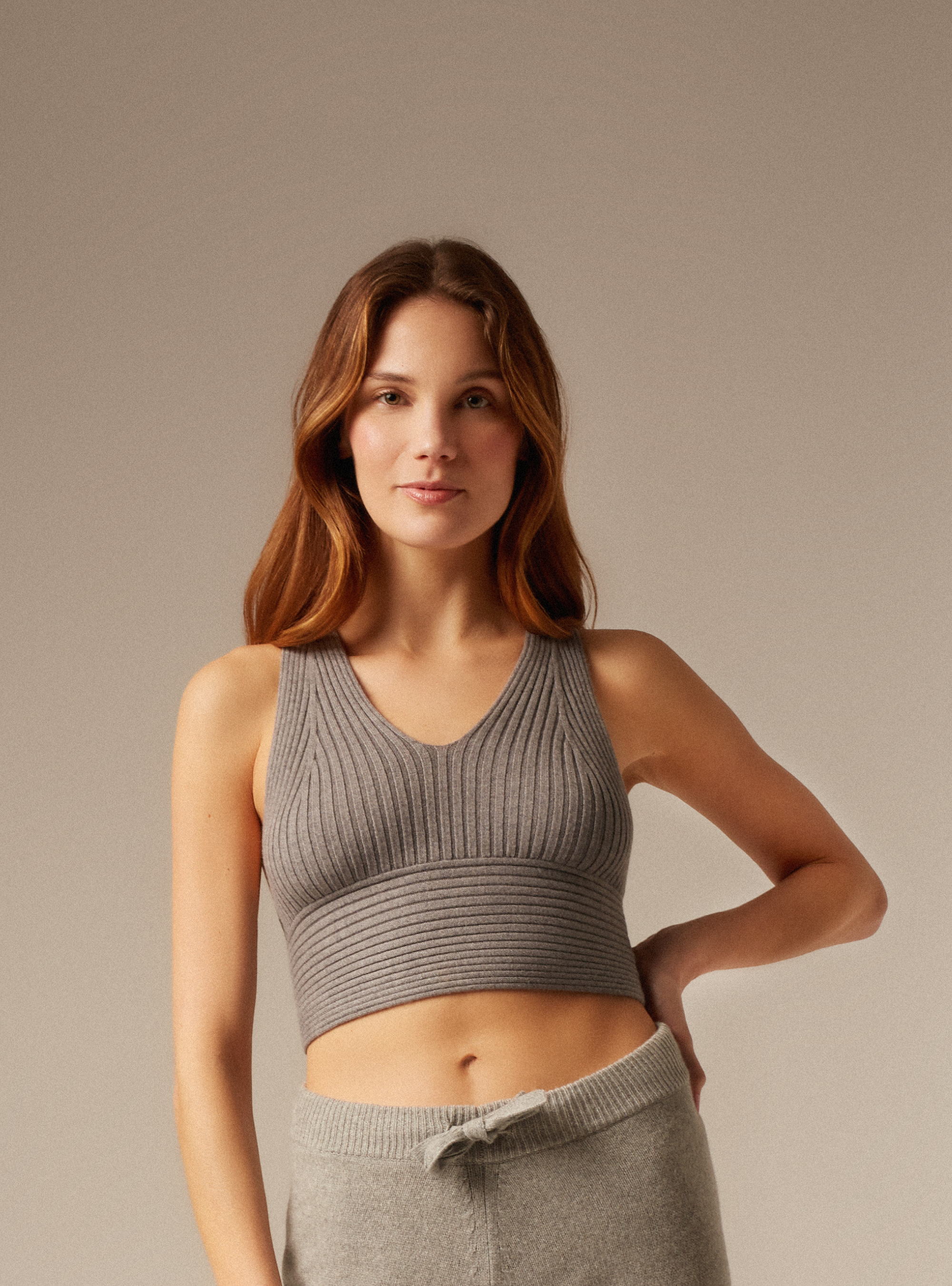 Cashmere knit cropped top bralette crossed back in grey