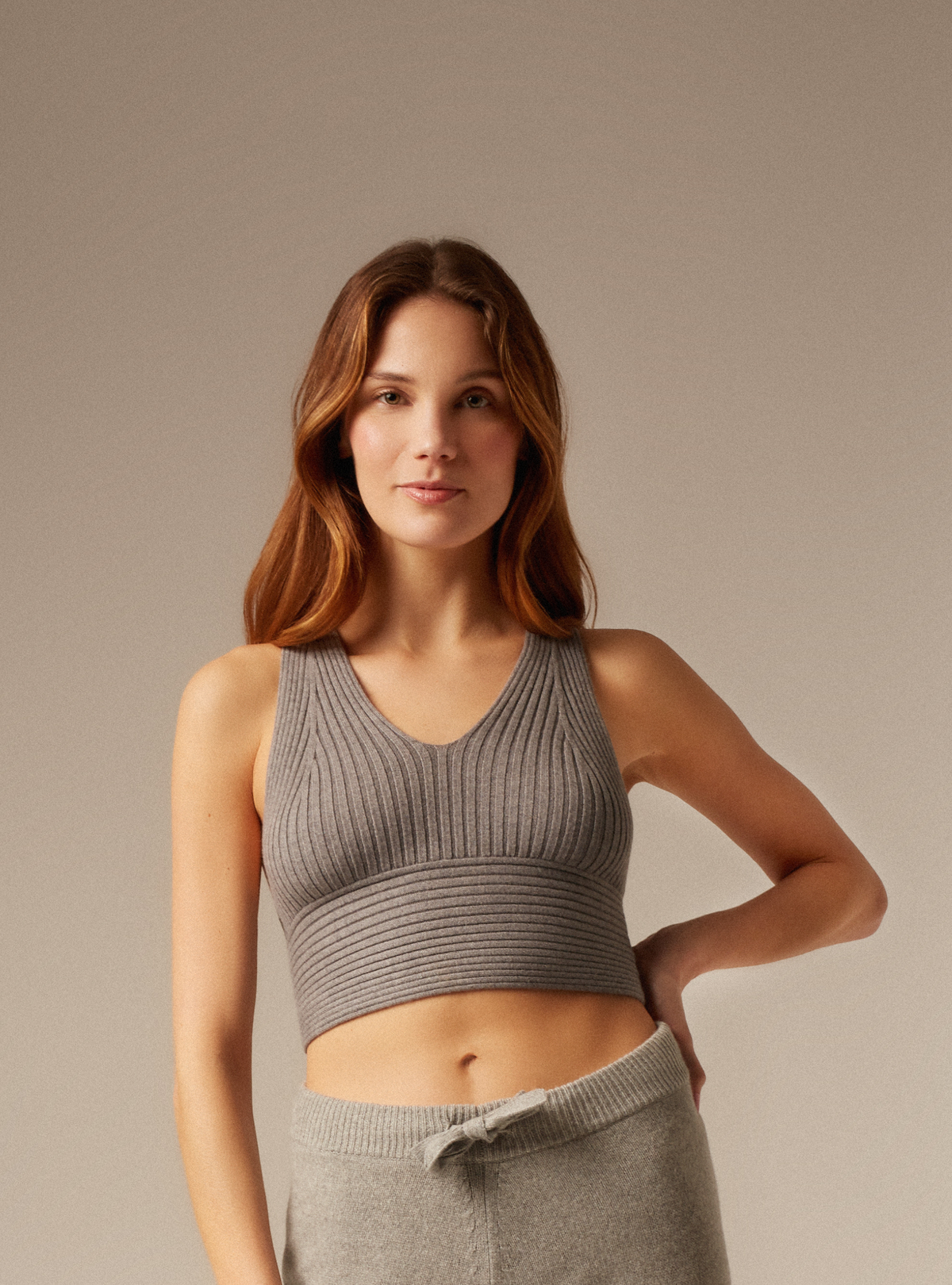 Cashmere knit cropped top bralette crossed back in grey